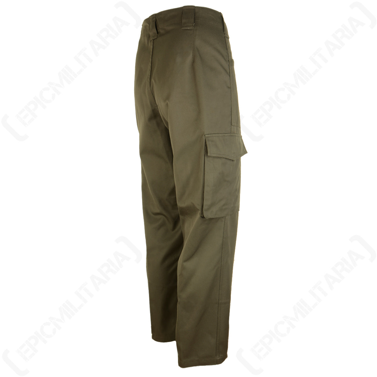 Rear three-quarter angle view of the military surplus M75 trousers highlighting the durable construction and stone grey-olive fabric.