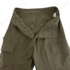 Detailed view of the traditional five-button fly on the Austrian M75 trousers, designed for reliability in harsh outdoor conditions.