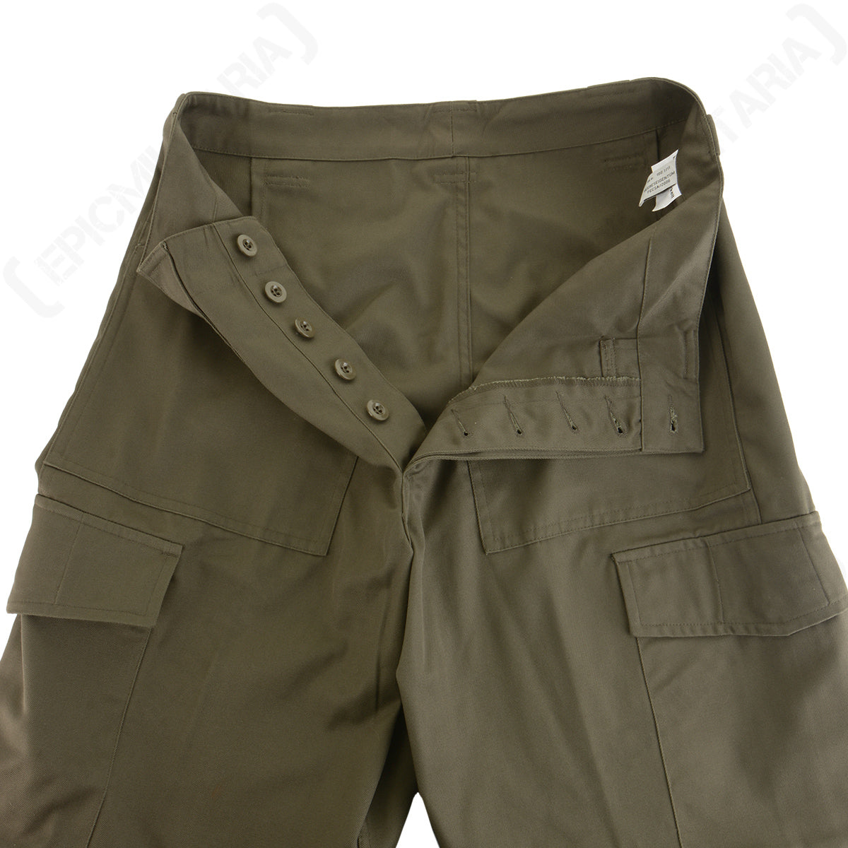 Detailed view of the traditional five-button fly on the Austrian M75 trousers, designed for reliability in harsh outdoor conditions.