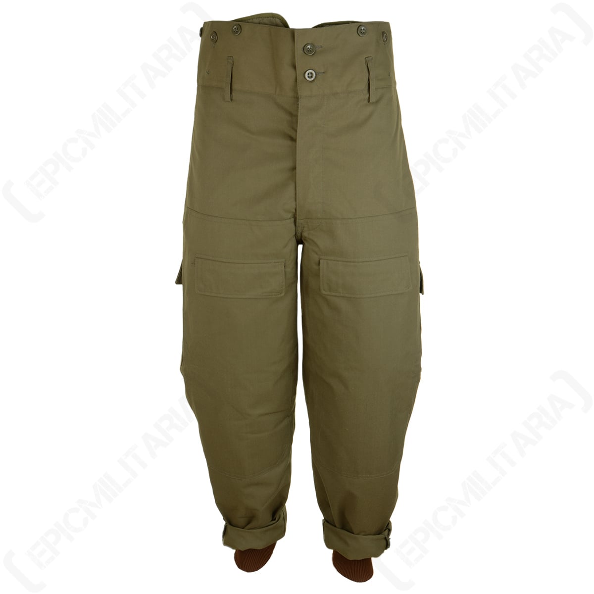 Original Czech M85 army trousers in olive drab featuring a high-waisted design, button fly, and internal ankle cuffs.