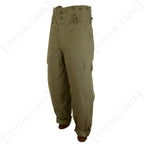 Three-quarter view of unissued Supergrade Czech M85 trousers showing cargo pockets and durable olive cotton construction.
