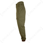 Side profile of authentic Czech M85 military trousers with adjustable waist straps and convenient cargo storage pockets.