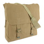 Khaki 1950s British Pattern 1937 web equipment large pack with shoulder strap and brass hardware.