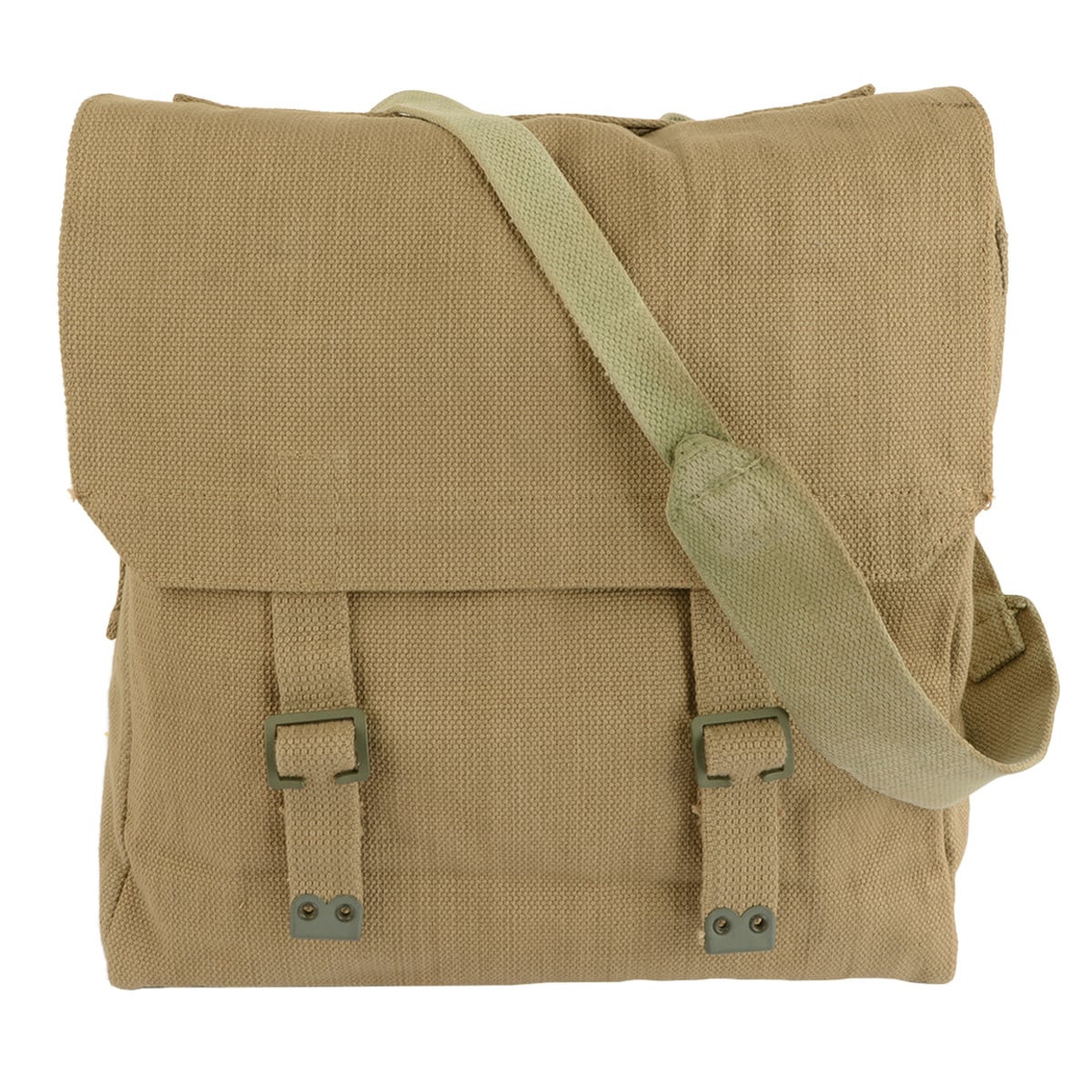 Front view of a rugged British Pattern 1937 large webbing pack featuring cotton fabric and classic brass buckles.