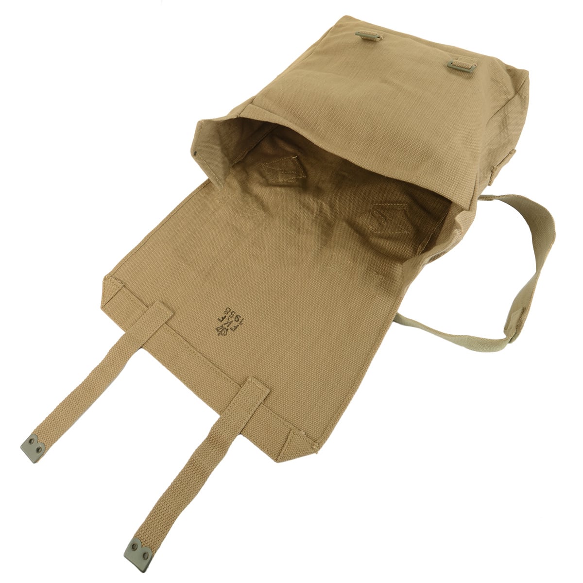 Interior view of the large pack with flap open, showing the Danish military FKF crown stamp and 1958 date.