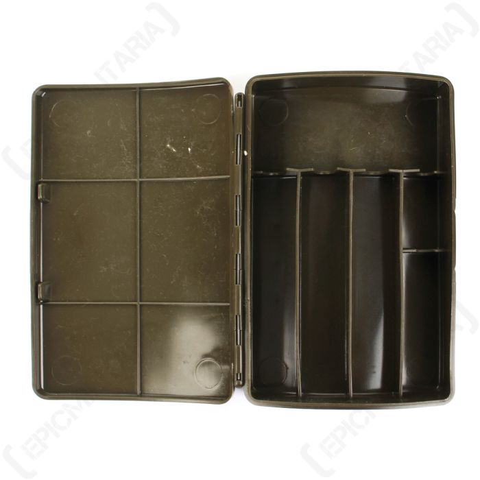 Empty olive green plastic container for German G3 gun cleaning kit