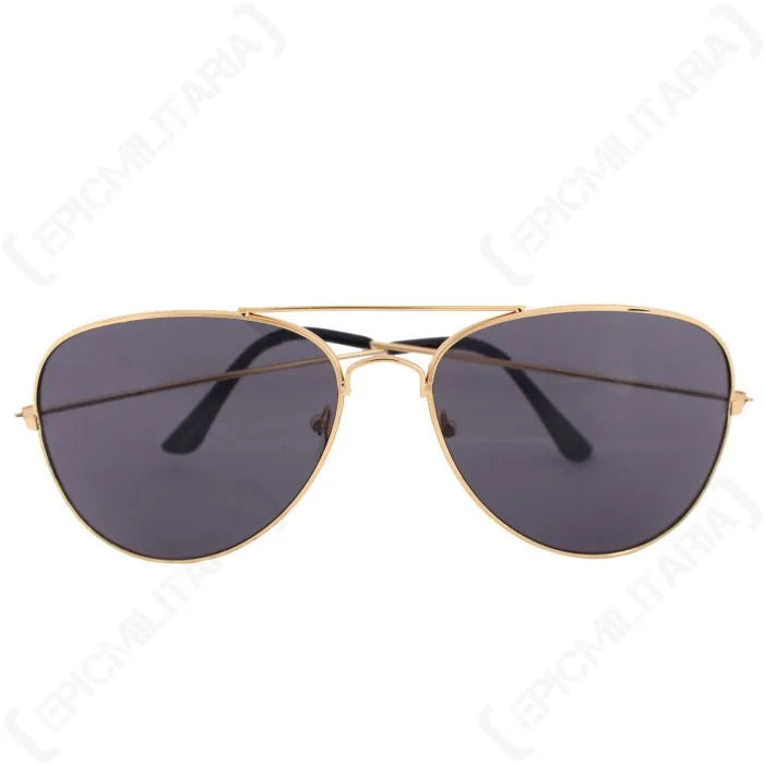 Front view of US Aviator sunglasses with gold wire frame and dark black teardrop lenses