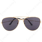 Front view of US Aviator sunglasses with gold wire frame and dark black teardrop lenses