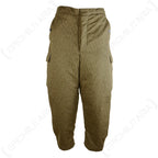 Front view of East German Strichtarn winter trousers showing the raindrop camouflage pattern, cargo pockets, and button-up fly.