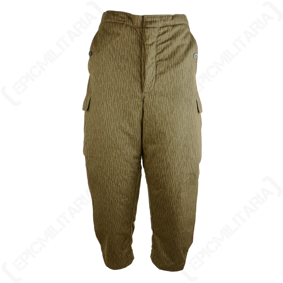 Front view of East German Strichtarn winter trousers showing the raindrop camouflage pattern, cargo pockets, and button-up fly.