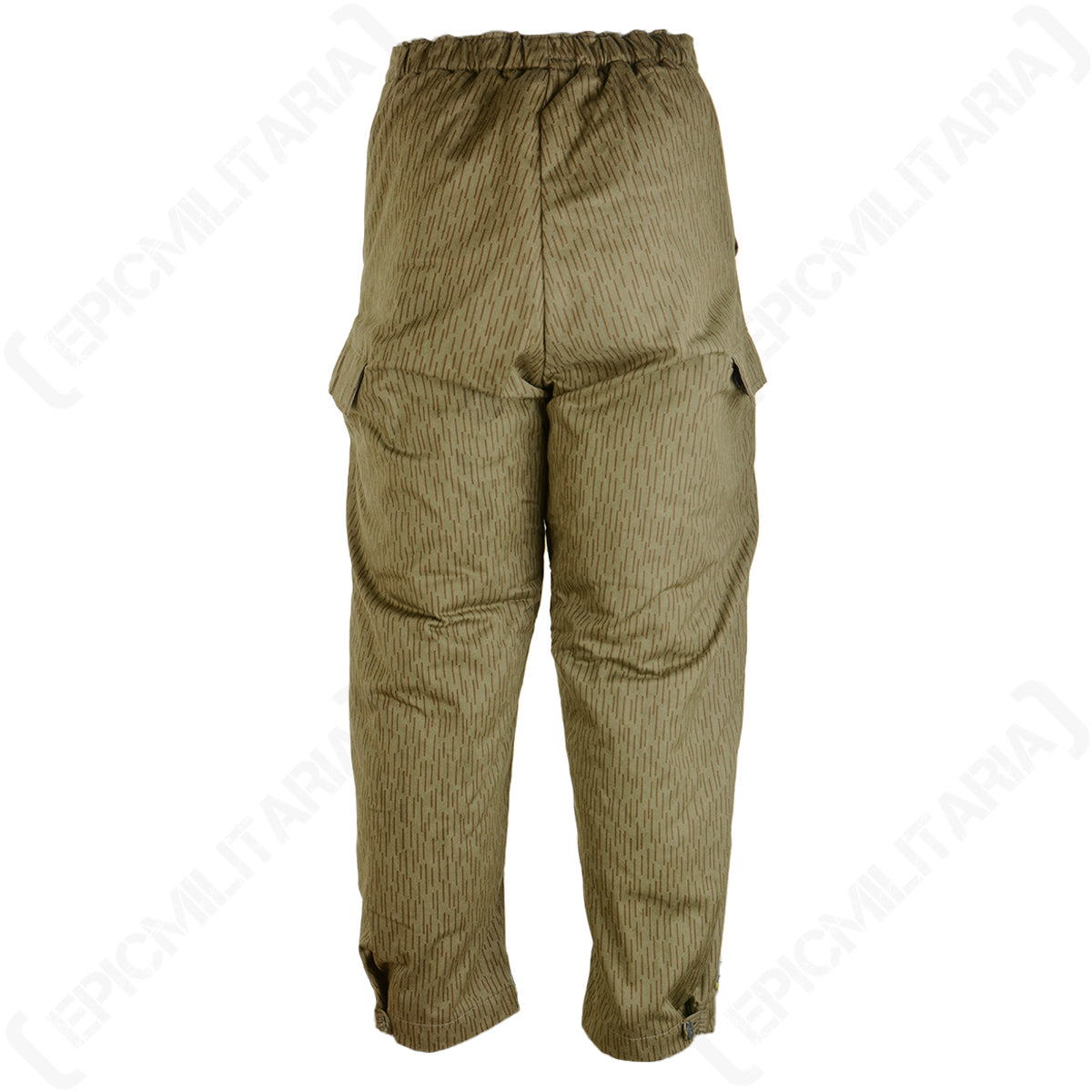 Rear view of East German Strichtarn lined winter trousers featuring an elasticated waist for a secure fit and durable construction.