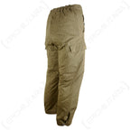 Rear angled view of East German Strichtarn winter trousers showing the spacious cargo-style leg pockets and thick padded insulation.