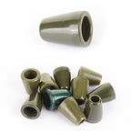 A close-up view of olive green military bell-shaped cord stoppers showing their durable plastic construction and tapered design for cord termination.