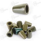 Authentic British Army bell-shaped cord ends in olive green, featuring a watermark logo over a single unit and a cluster of surplus toggles.