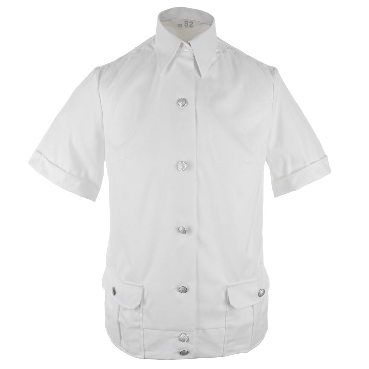 Front view of an unissued white East German police shirt with a buttoned placket, chest pockets, and shoulder epaulettes.