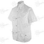 Three-quarter angle of an authentic DDR surplus white short-sleeve police shirt featuring metal buttons and scalloped pocket flaps.