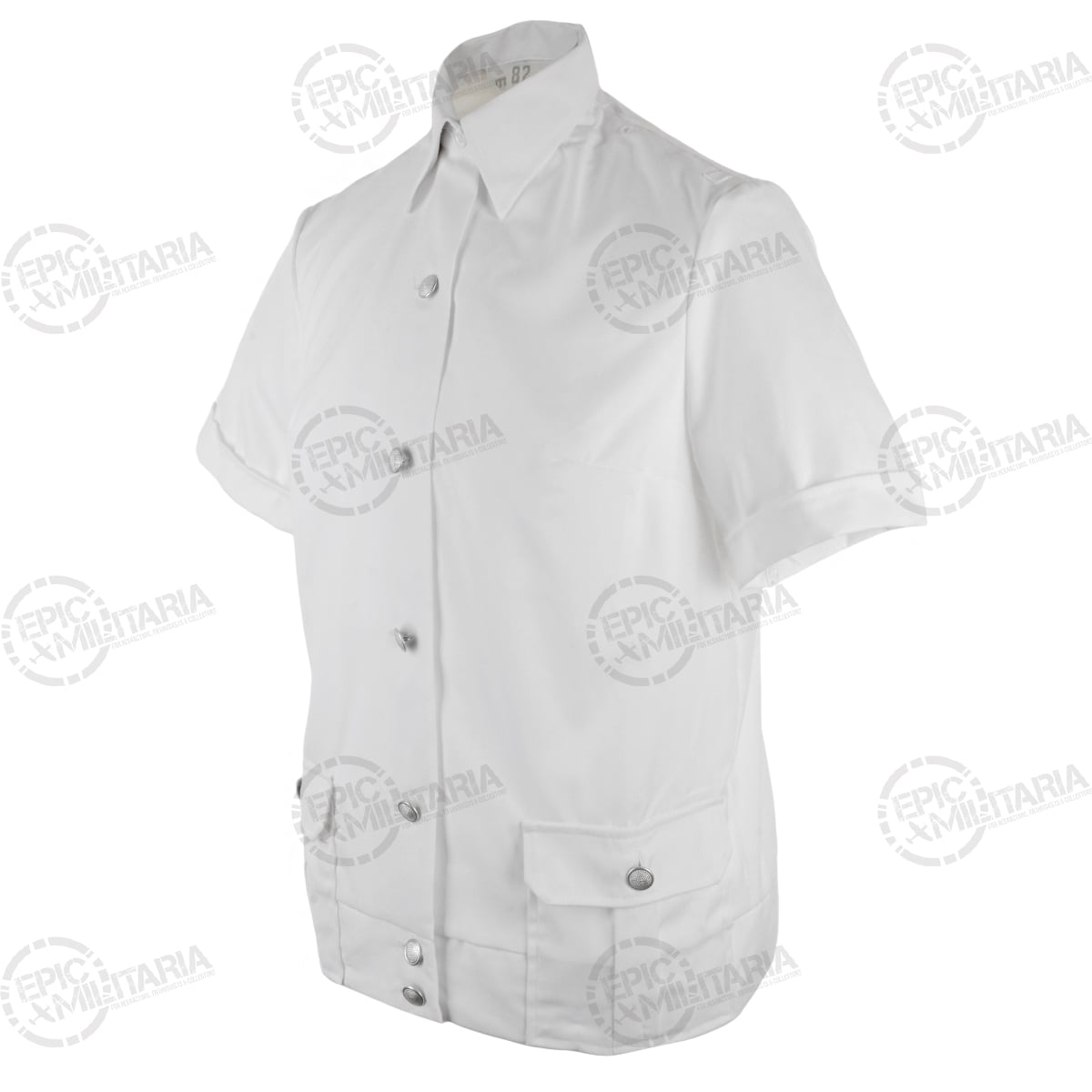 Three-quarter angle of an authentic DDR surplus white short-sleeve police shirt featuring metal buttons and scalloped pocket flaps.