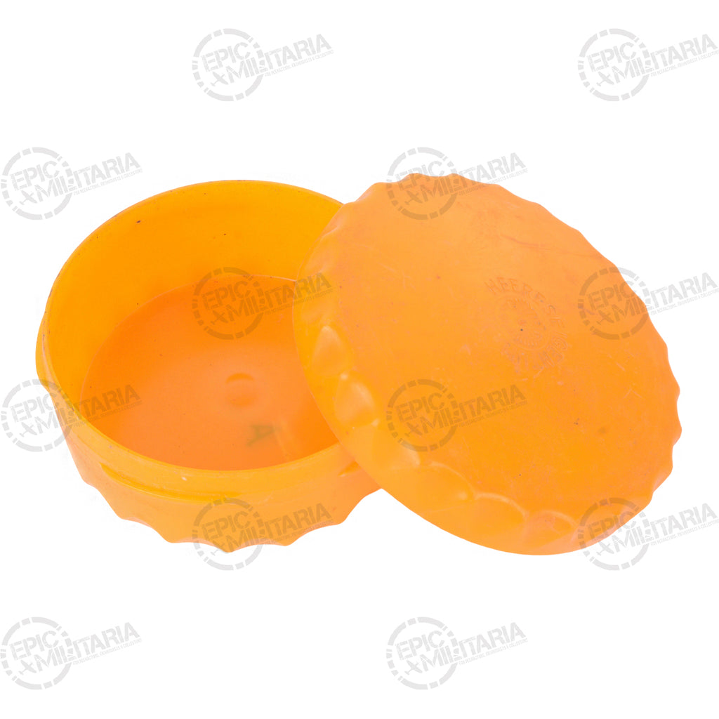 Open orange Austrian Army butter dish showing the durable interior base alongside the separate lid.