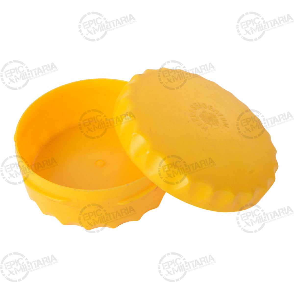Open yellow Austrian Army butter dish lid and base with a distinct, history-inspired military design.