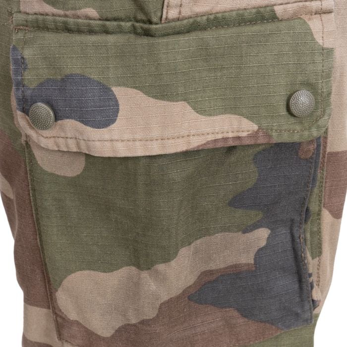 Close-up of thigh cargo pocket with closed snap-stud flap on French F2 trousers