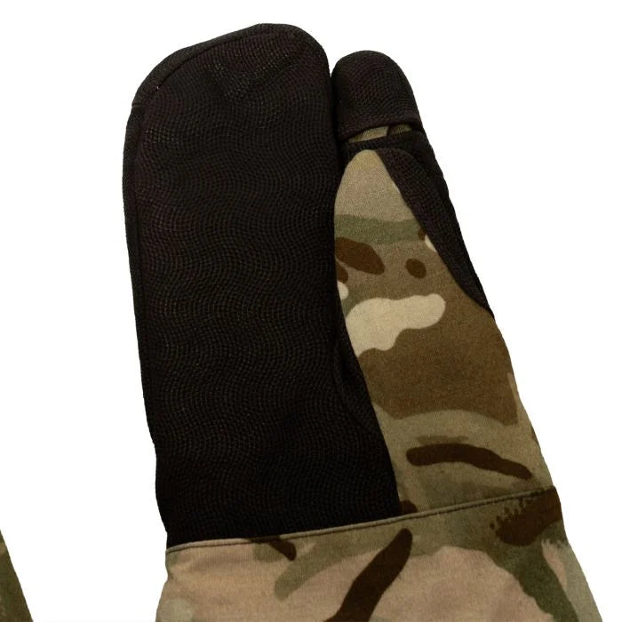 Close-up of the palm side of the British Army MTP over-mitten, showing the textured rubber-dot grip pattern.