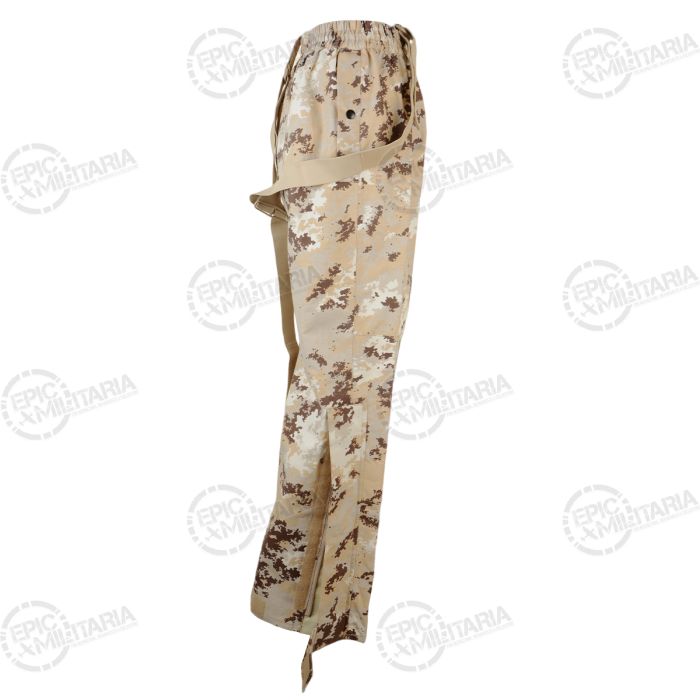 Side view showing long ankle zipper open on Italian Army desert camo overtrousers for boot access