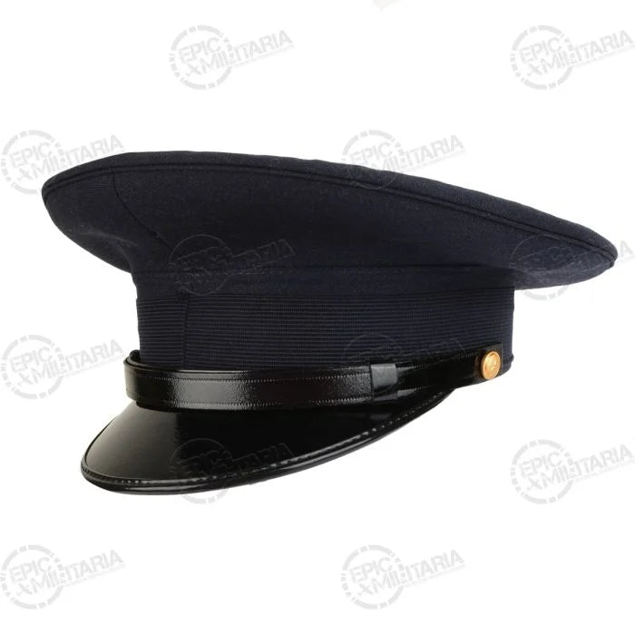 Original Italian Air Force visor cap side profile showing glossy black peak and gold eagle button
