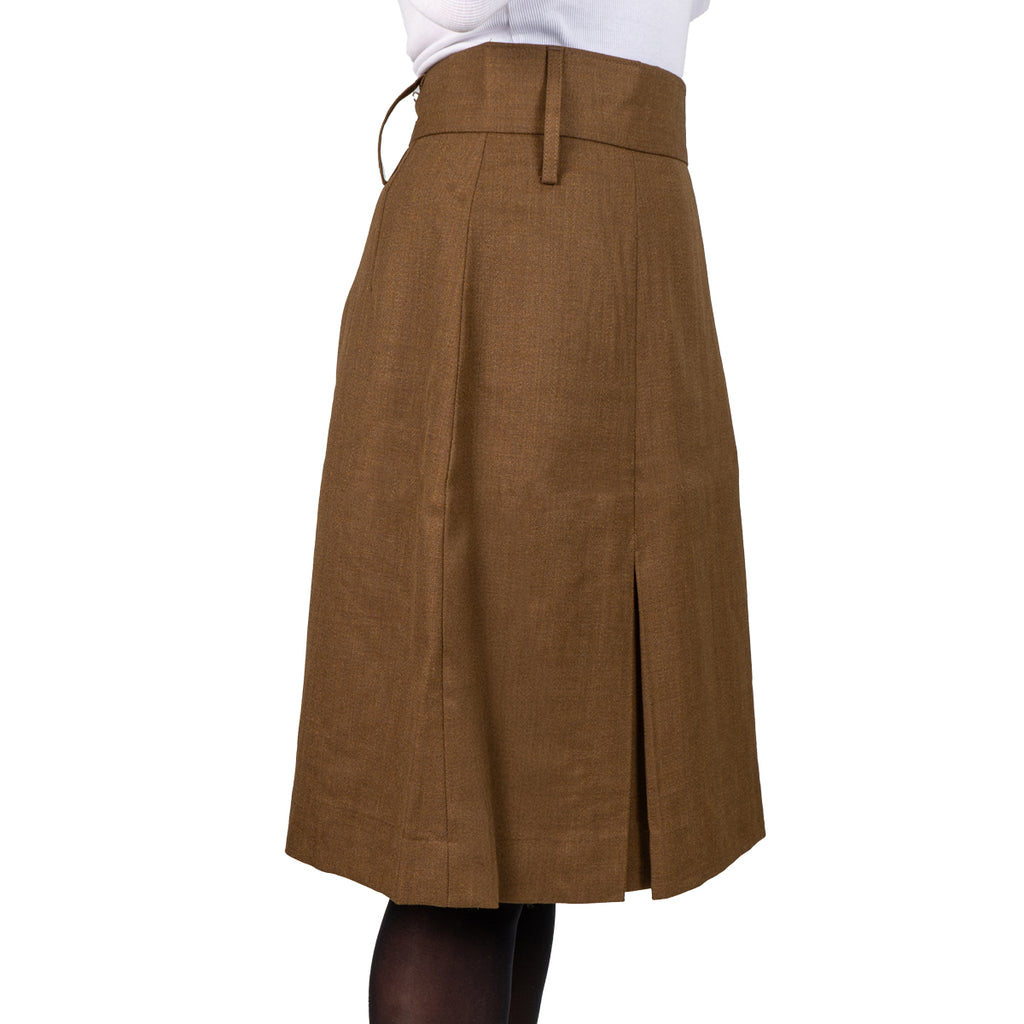Side profile of the Barrack Dress Skirt on a model, emphasizing the formal tailored lines and durable fabric suitable for various occasions.