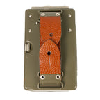 Detailed rear view of a Swiss Army torch displaying the brown leather strap, silver rivets, and metallic finish.
