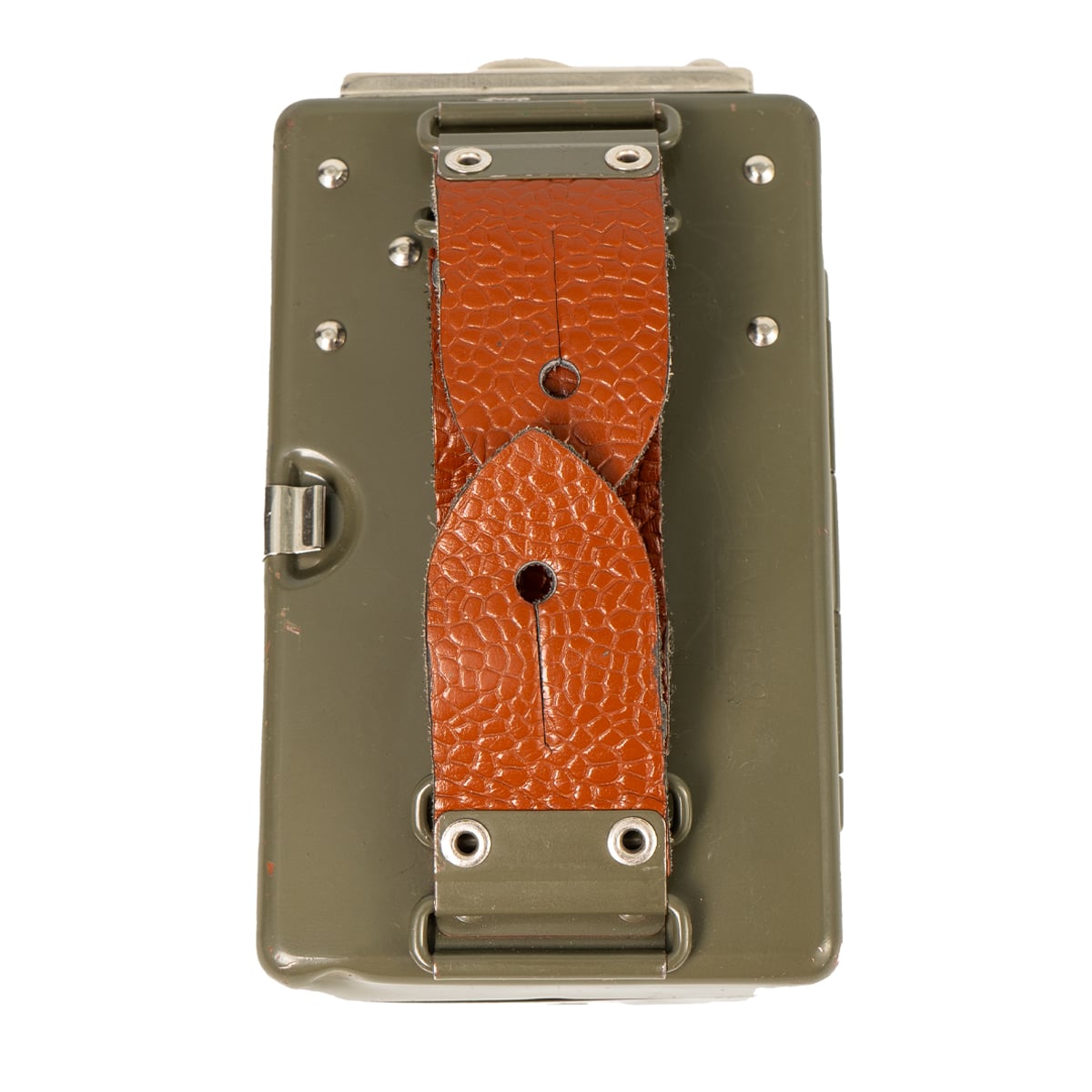 Detailed rear view of a Swiss Army torch displaying the brown leather strap, silver rivets, and metallic finish.