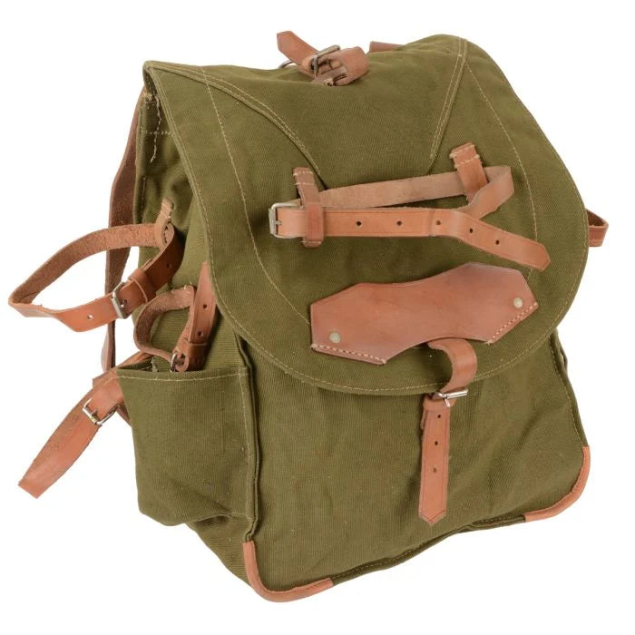 Original Romanian Army Canvas Rucksack in olive drab with brown leather straps and buckles, front view