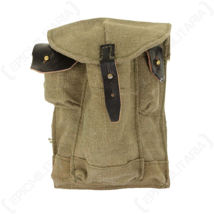 Front view of original Russian Army AK74 canvas magazine pouch with leather tab closures