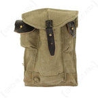 Front view of original Russian Army AK74 canvas magazine pouch with leather tab closures
