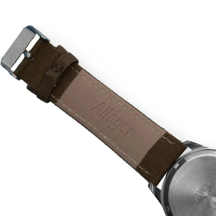 Close-up of the Ailager branded inner strap lining and engraved stainless steel case back