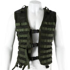 Front view of original Dutch Army MOLLE vest in olive green mesh with black shoulder patches and quick-release buckles