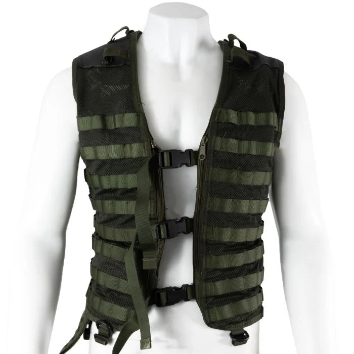 Front view of original Dutch Army MOLLE vest in olive green mesh with black shoulder patches and quick-release buckles