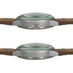 Side profile views highlighting the 42mm matte alloy case, domed glass crystal, and 7mm grooved crown