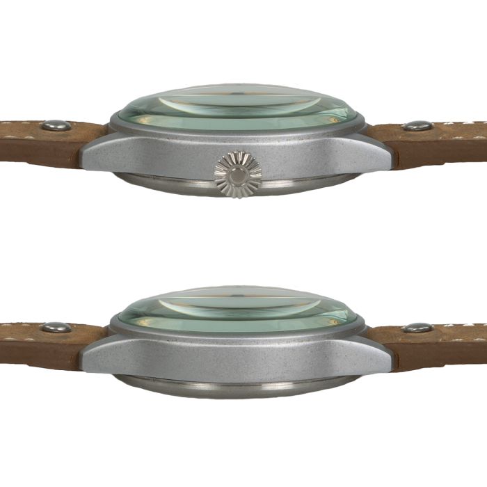 Side profile views highlighting the 42mm matte alloy case, domed glass crystal, and 7mm grooved crown