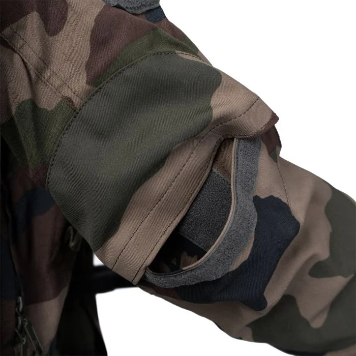 Close-up of the adjustable hook-and-loop cuff and sleeve details on the French T4 combat smock