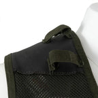 Close-up of textured non-slip synthetic leather shooting patches on the shoulders of Dutch Army modular vest