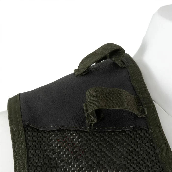 Close-up of textured non-slip synthetic leather shooting patches on the shoulders of Dutch Army modular vest