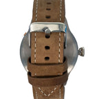 Rear view of the brown leather strap with stainless steel buckle and keeper loops on the aviator watch