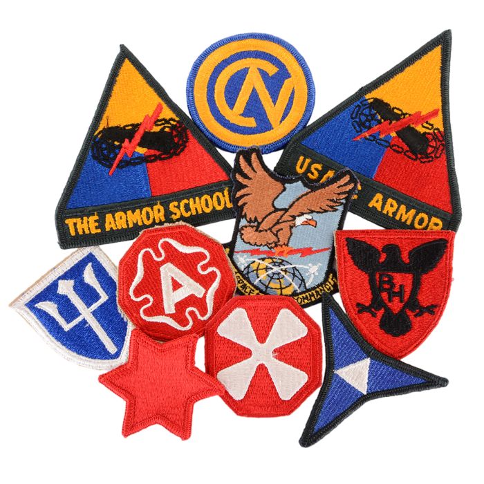 Type 1 collection of 10 post WW2 US Army shoulder sleeve insignia patches front view