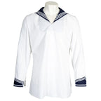 Front view of the white German Navy sailor shirt with blue sailor collar and cuffs on a mannequin
