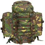 Front view of Dutch Army surplus Woodland DPM camouflage rucksack featuring multiple storage compartments and robust webbing.