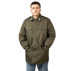 Model wearing the genuine military Roma 75 Parka with front pockets and waist drawstring.