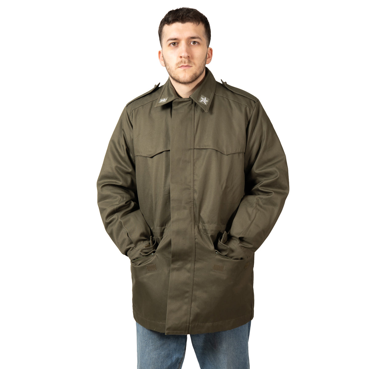 Model wearing the genuine military Roma 75 Parka with front pockets and waist drawstring.