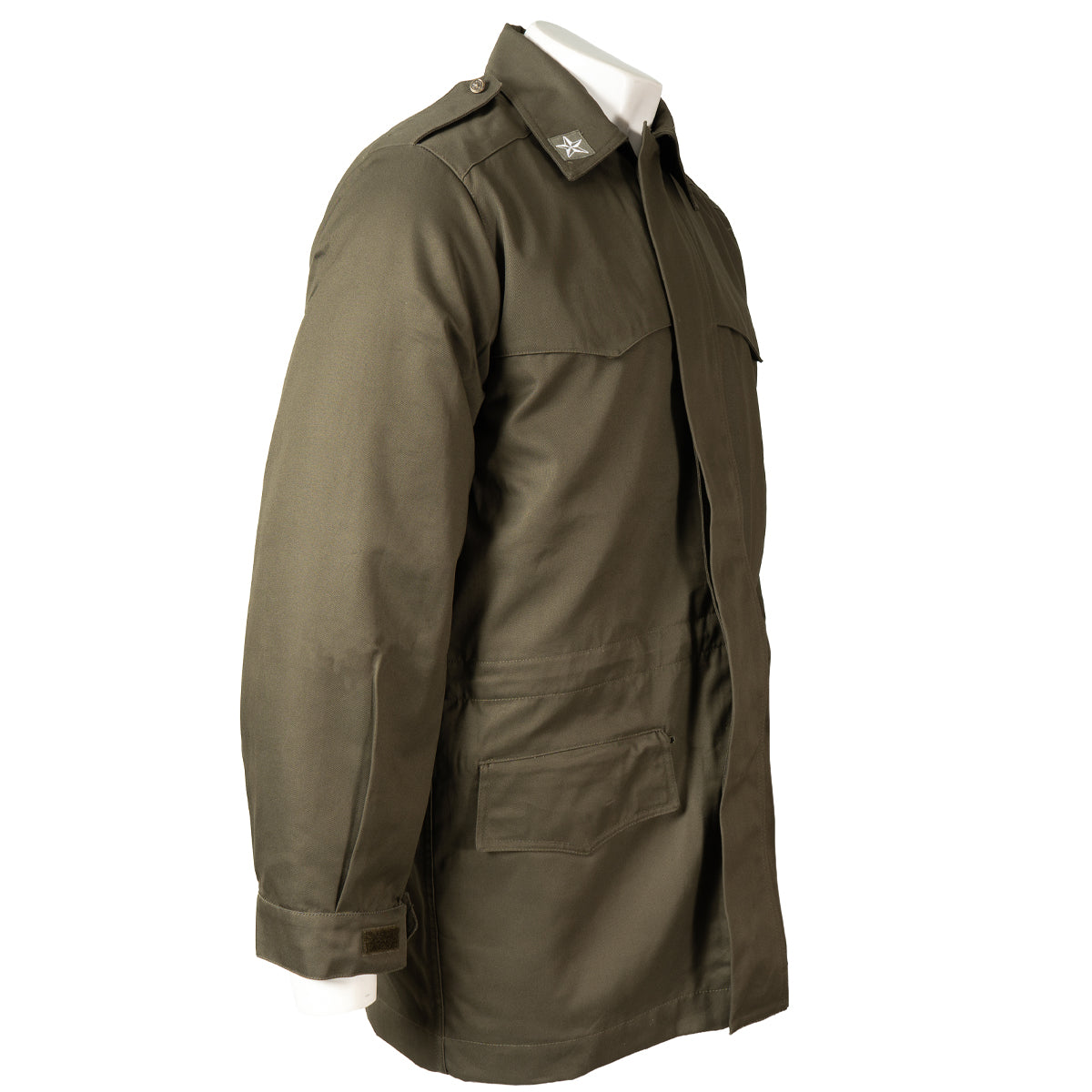 Side profile of the Italian Army Roma 75 Parka showing the collar, epaulets, and sleeve cuff.