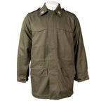 Full front view of the unissued Italian Army Roma 75 Parka in olive green cotton gabardine.