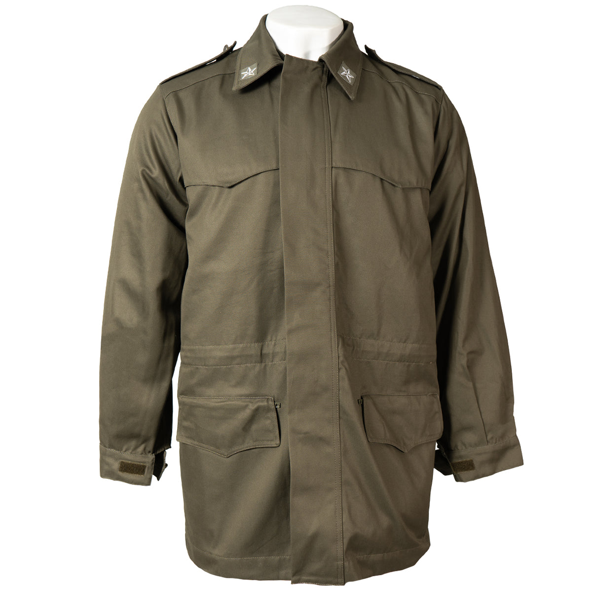 Full front view of the unissued Italian Army Roma 75 Parka in olive green cotton gabardine.
